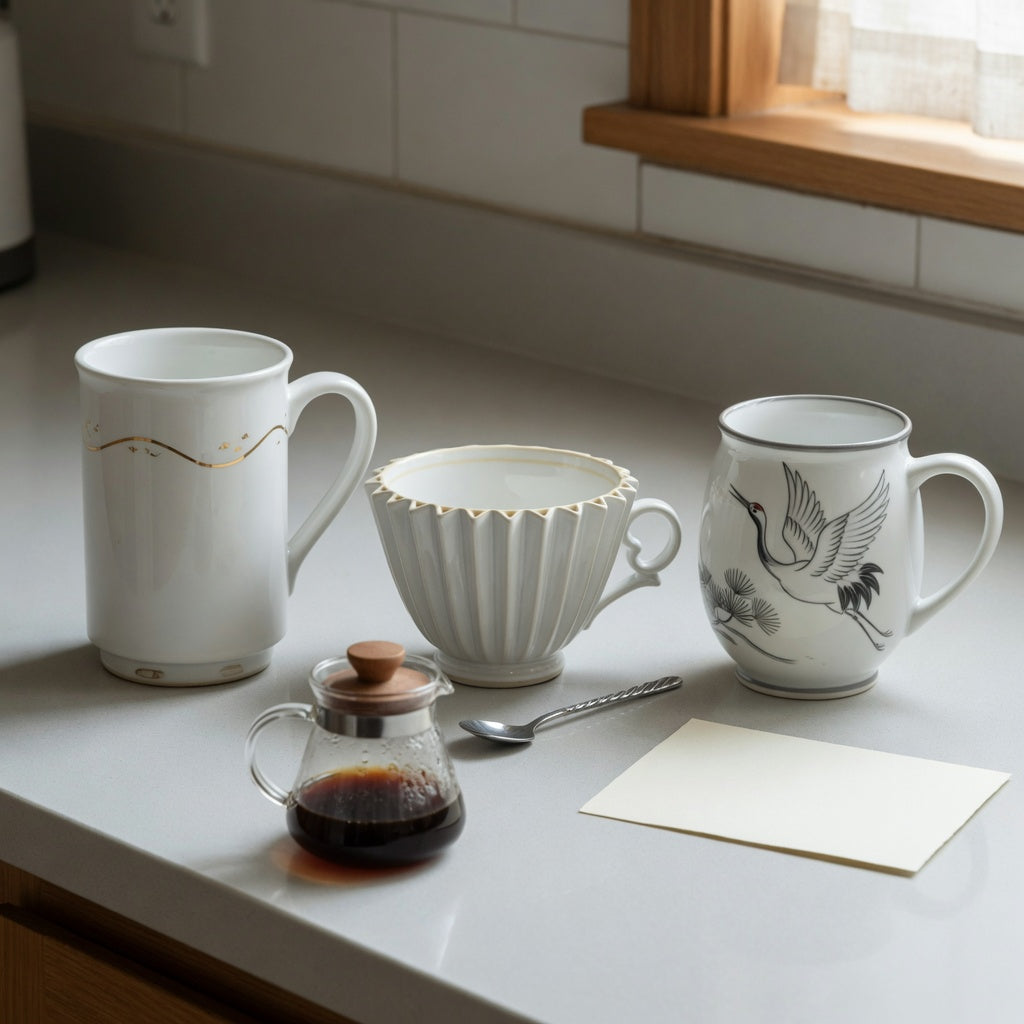 White pottery coffee mugs gift choice practical purchase checklist featuring tall, pleated, and crane-design options