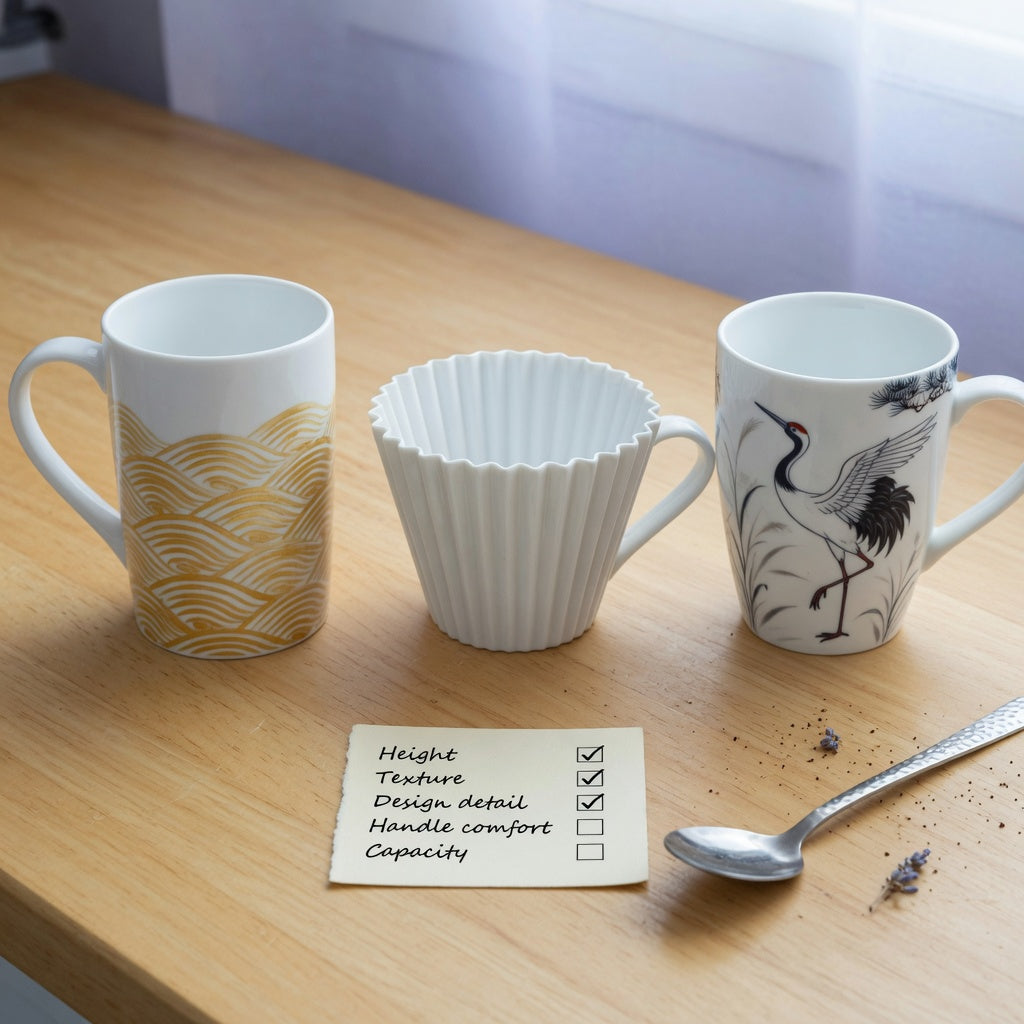 Three mugs in a white pottery coffee mugs gift choice product shortlist guide: tall golden waves, pleated texture, and crane motif