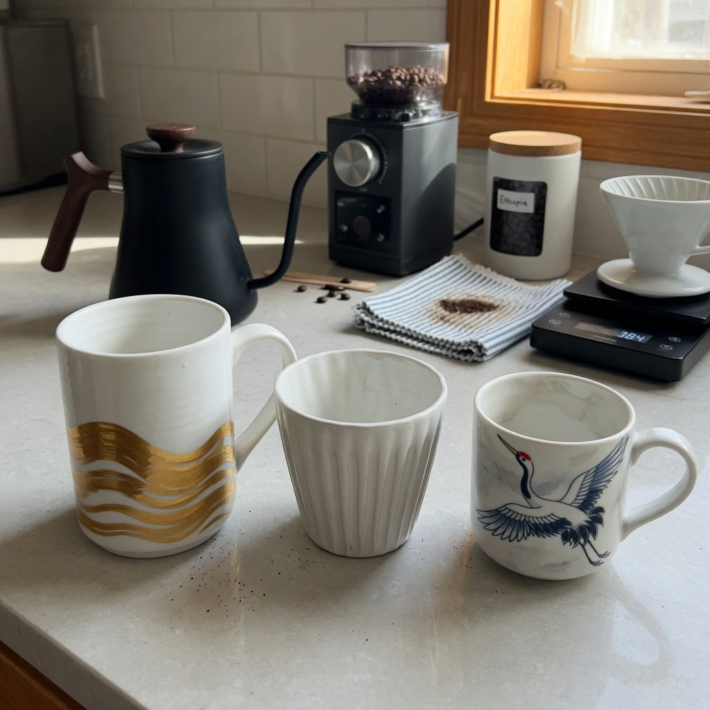 White pottery coffee mugs home coffee station product shortlist guide showing tall golden-wave, pleated, and crane-design mugs beside a kettle