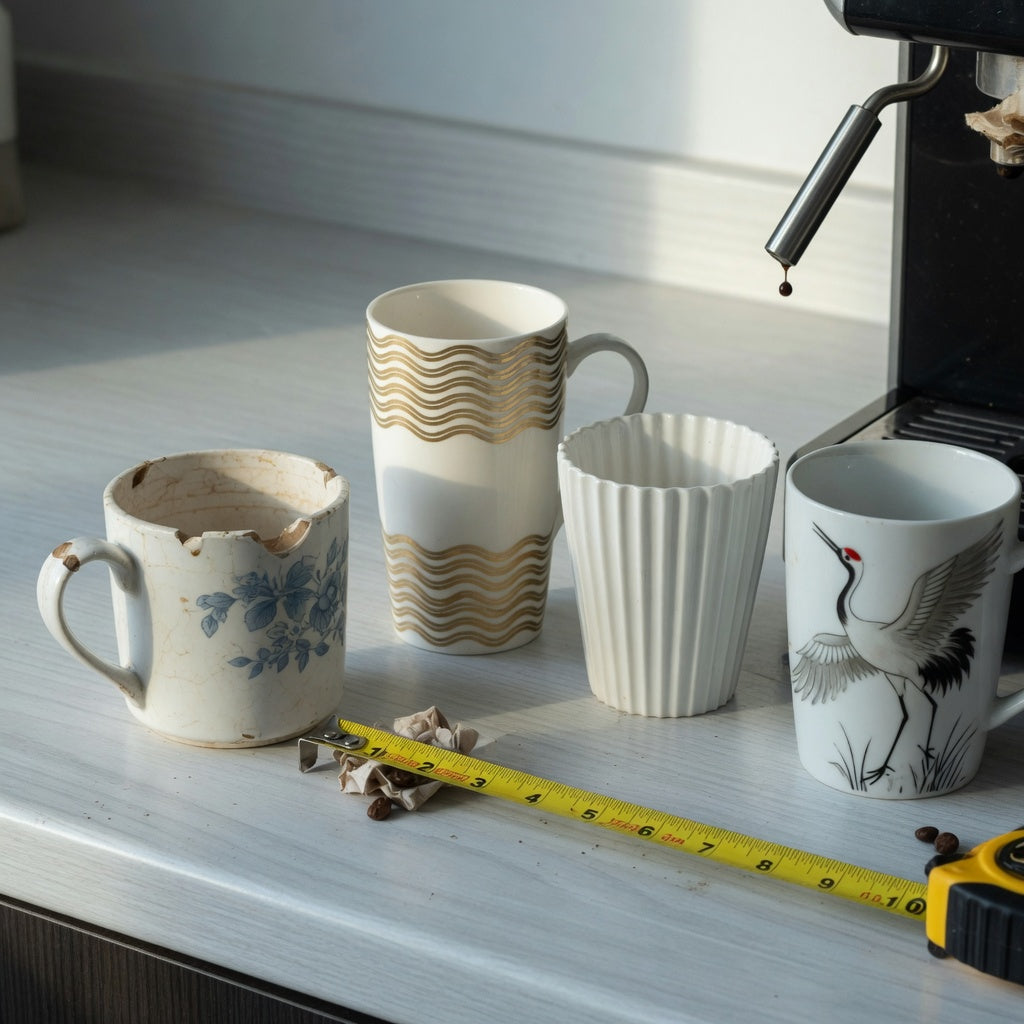 White pottery coffee mugs replacement purchase product shortlist guide with tall golden waves, pleated, and crane designs beside a worn mug