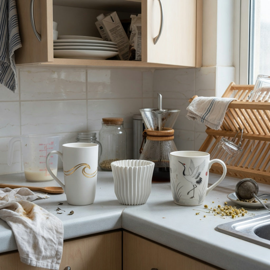 Shared kitchen counter arranged for a white pottery coffee mugs shared household product shortlist guide, with tall, pleated, and crane designs