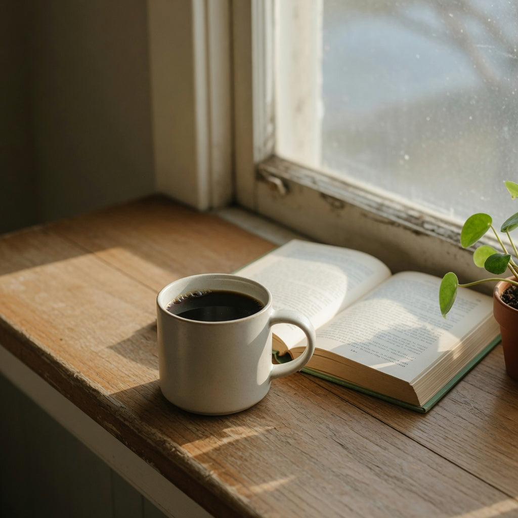 Window seat coffee mug gift on a sunlit bench beside an open book and a small plant
