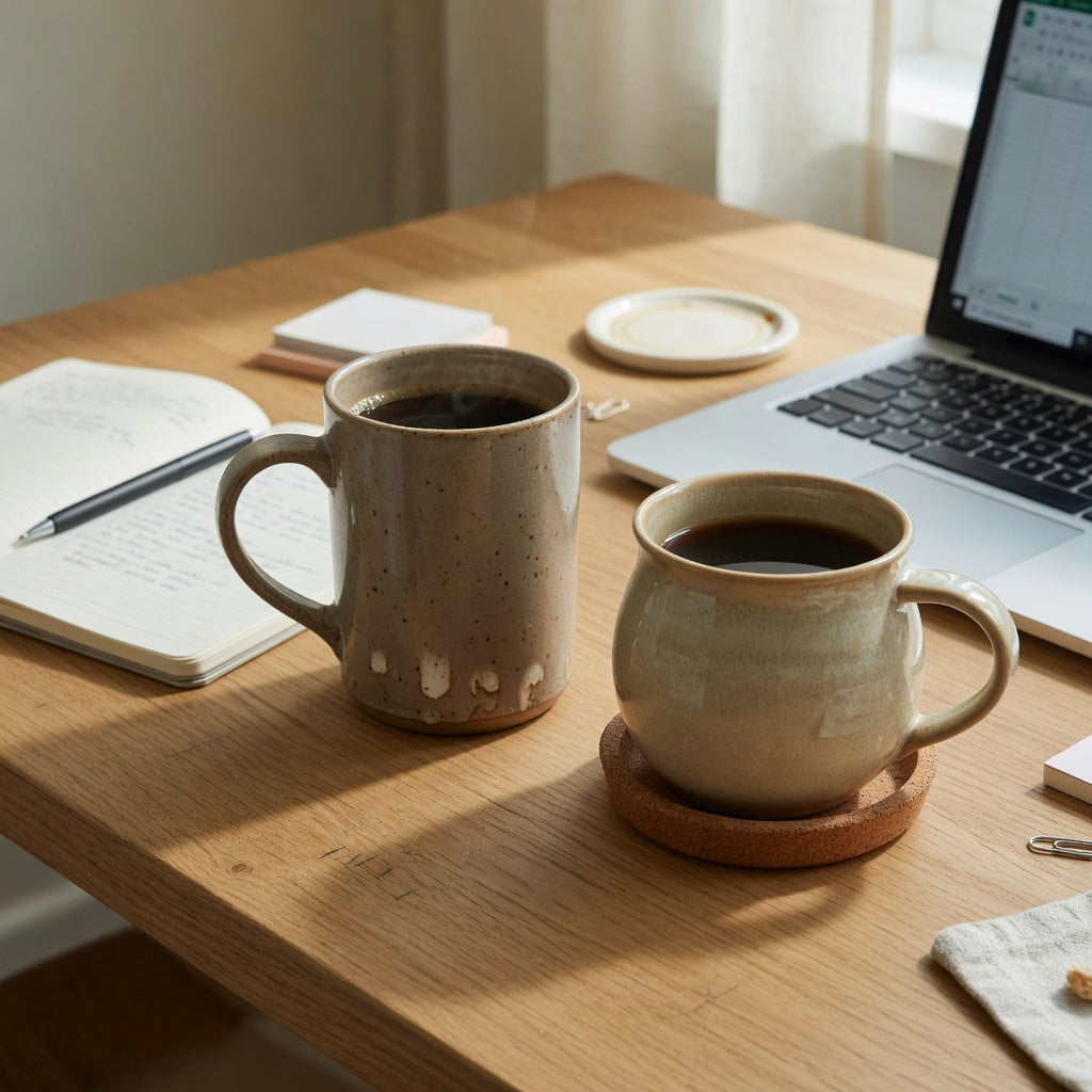 Tall and round workday ceramic mug options compared beside a laptop on an office desk