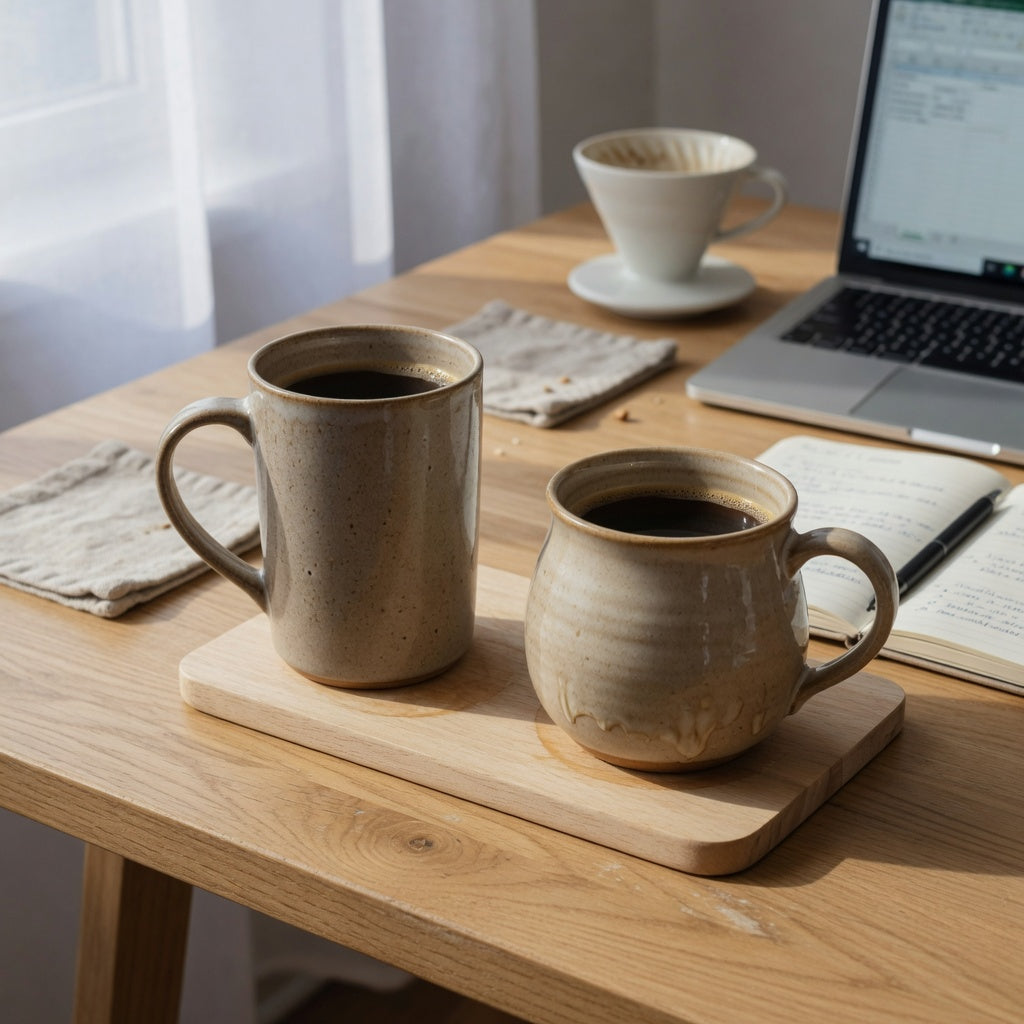 Tall and round workday ceramic mug options compared beside a laptop on an office desk