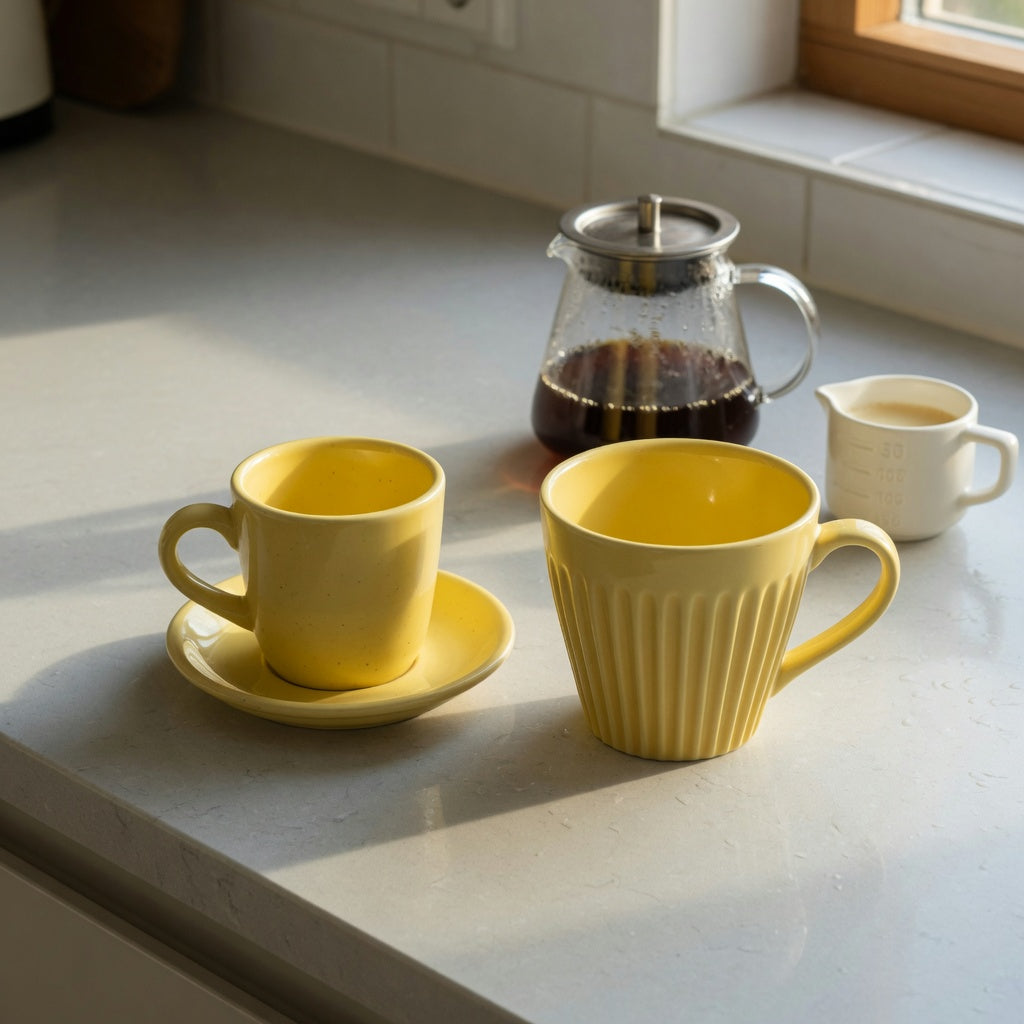 Yellow ceramic coffee mug capacity guide comparing a 170 ml Retro cup and 200 ml Pleated cup