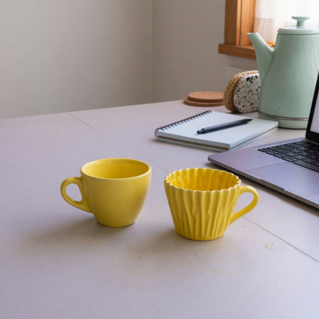 yellow ceramic coffee mug daily use guide comparing a smooth Retro cup and a pleated yellow cup beside a laptop and kettle