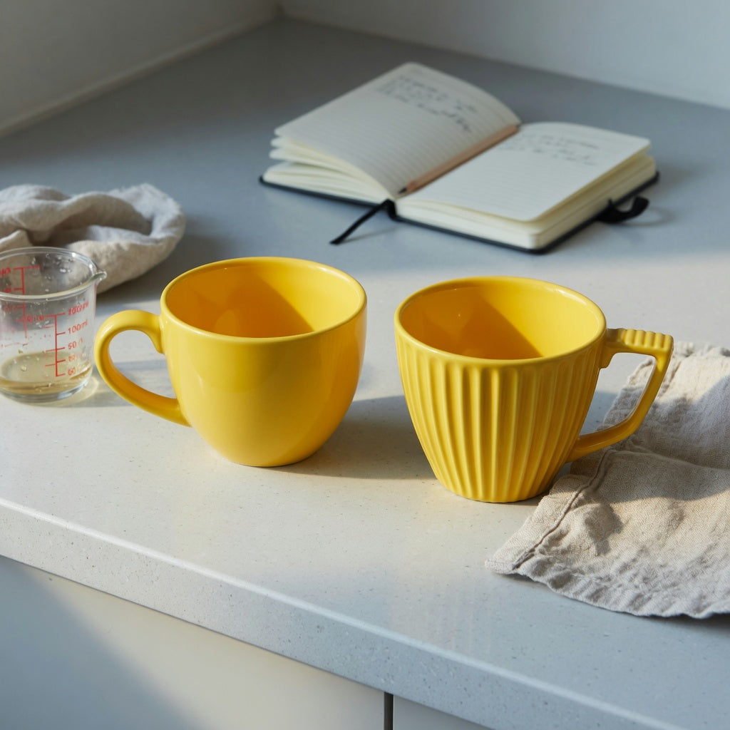 yellow ceramic coffee mug first time buyer product shortlist guide with Retro 170 ml and Pleated 200 ml cups on a compact kitchen counter