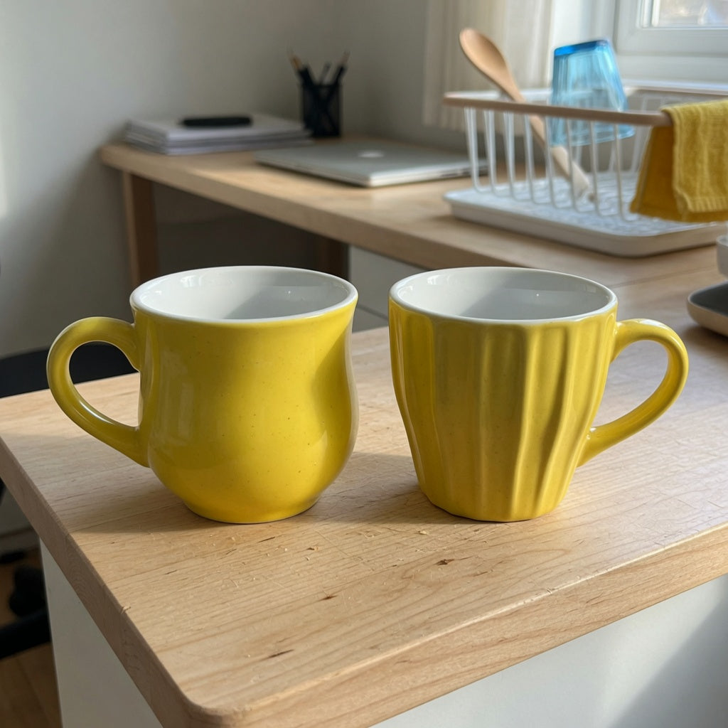 yellow ceramic coffee mug gift choice product shortlist guide featuring a rounded Retro cup and a pleated yellow cup on a compact kitchen counter
