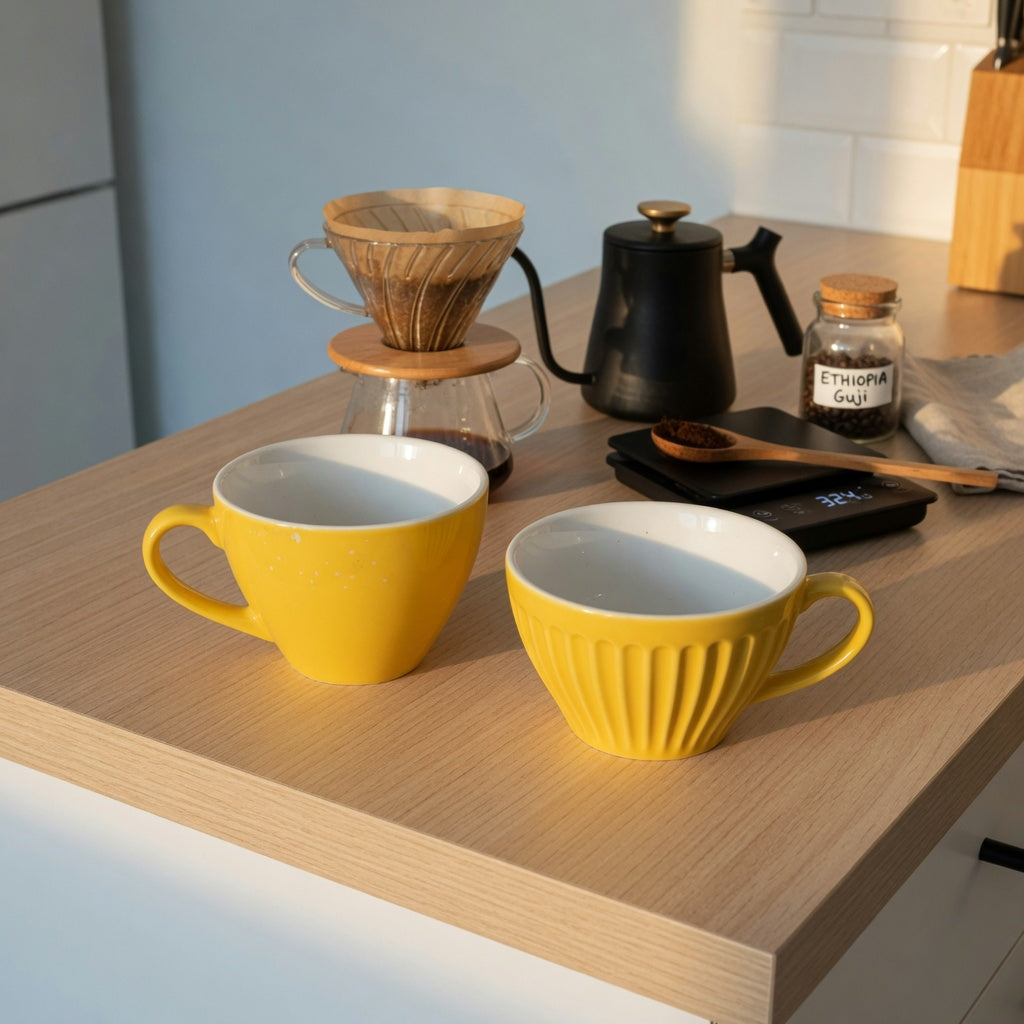 Yellow ceramic coffee mug home coffee station practical purchase checklist showing 170 ml Retro and 200 ml Pleated cups on a compact counter