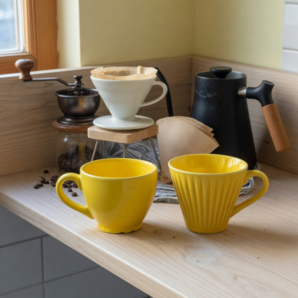 yellow ceramic coffee mug home coffee station product shortlist guide showing the rounded Retro and vertically pleated options beside pour-over tools
