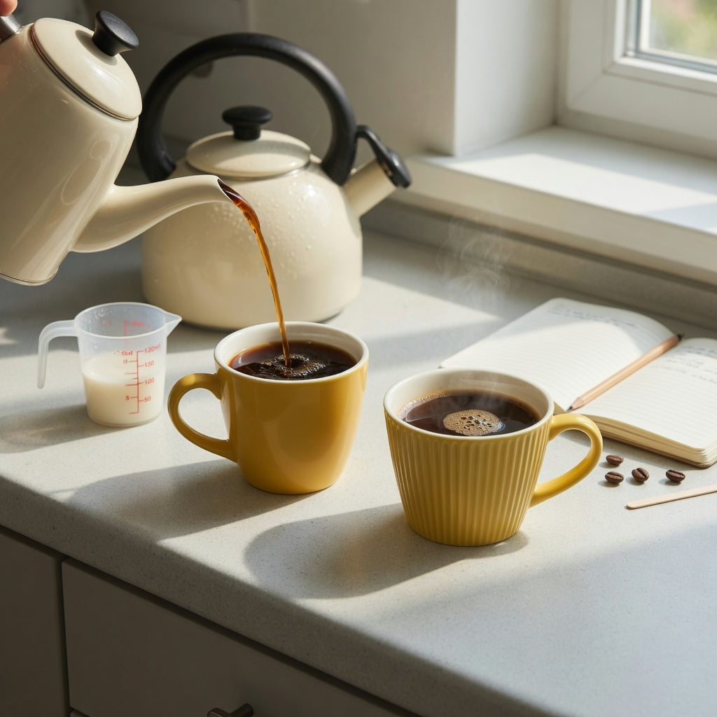 yellow ceramic coffee mug morning routine practical purchase checklist beside a measured coffee pour on a kitchen counter