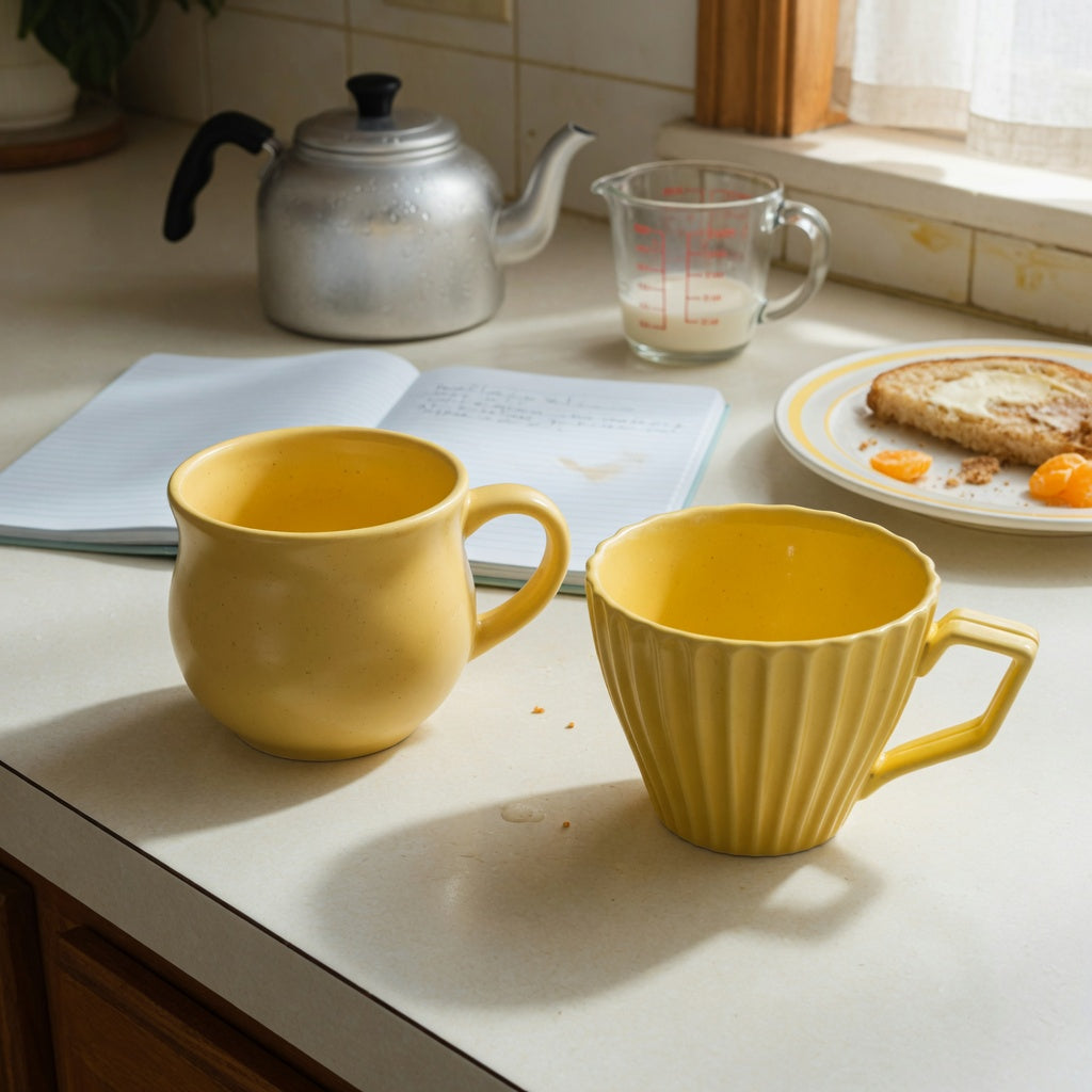 yellow ceramic coffee mug morning routine product shortlist guide showing the rounded Retro cup and textured Pleated cup on a morning kitchen counter