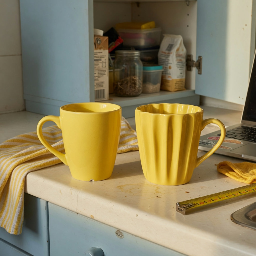 yellow ceramic coffee mug shared household practical purchase checklist with separate Retro and Pleated yellow ceramic cups on a shared kitchen shelf