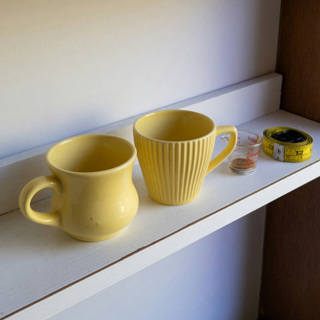 Comparison of a yellow ceramic coffee mug for small coffee setup, with 170 ml Retro and 200 ml Pleated forms on a narrow shelf