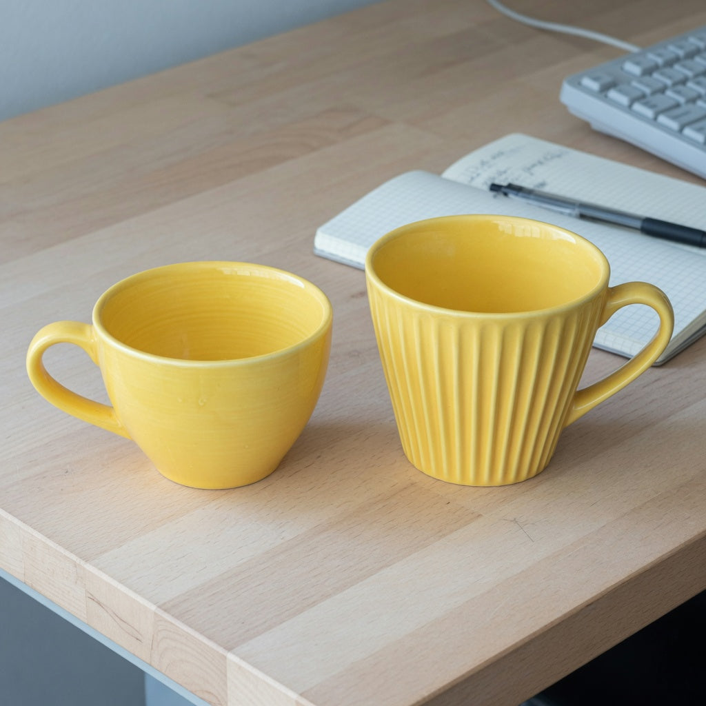 Yellow ceramic coffee mug size decision guide comparing the 170 ml Retro and 200 ml Pleated yellow cups on a compact desk