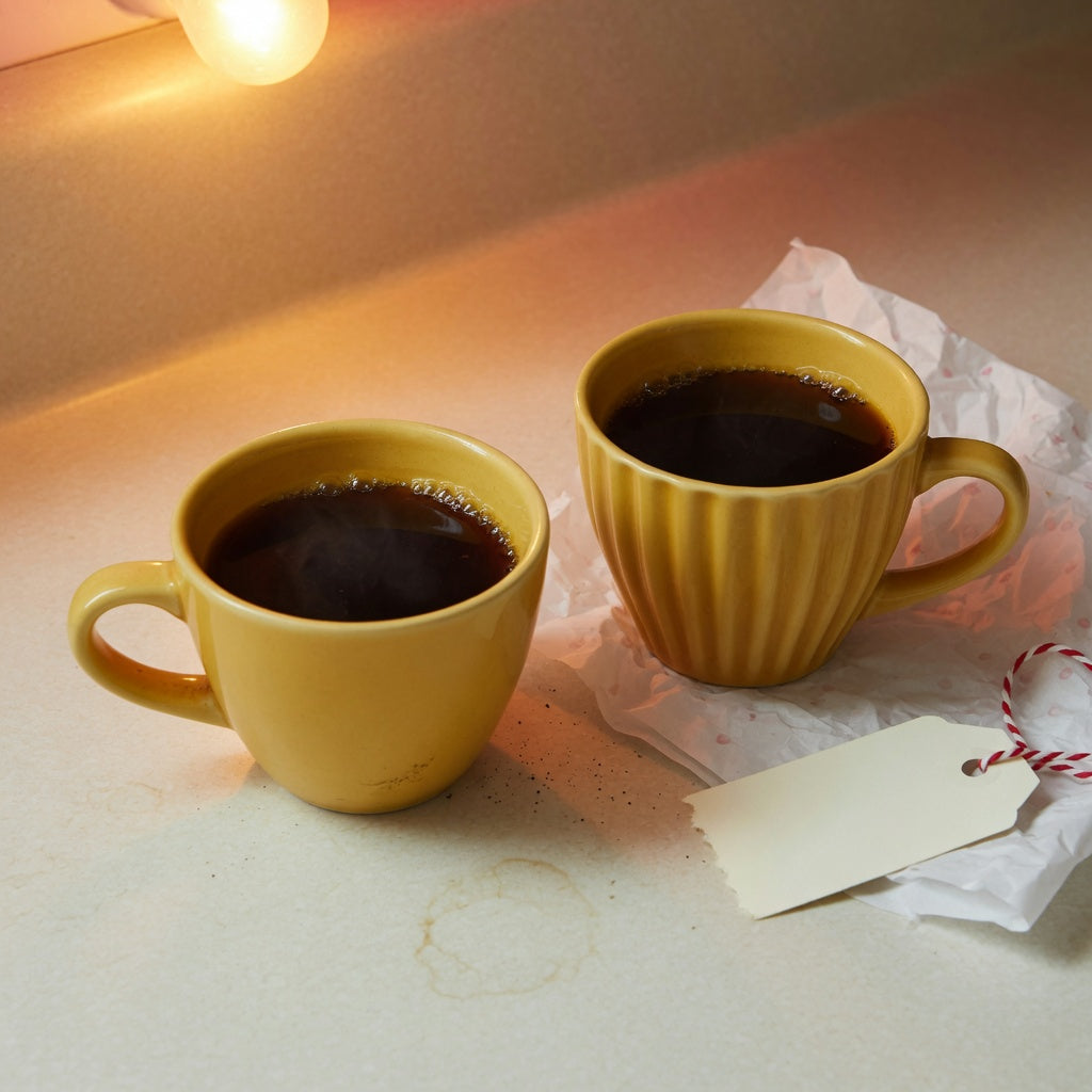 Yellow ceramic mug gift comparison of a retro cup and a pleated cup on a kitchen counter