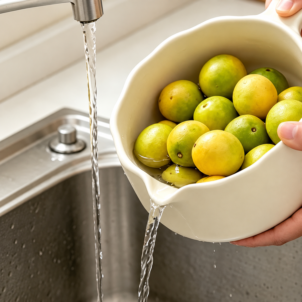 Hands tipping the cream ceramic bowl to pour rinse water through its formed lip