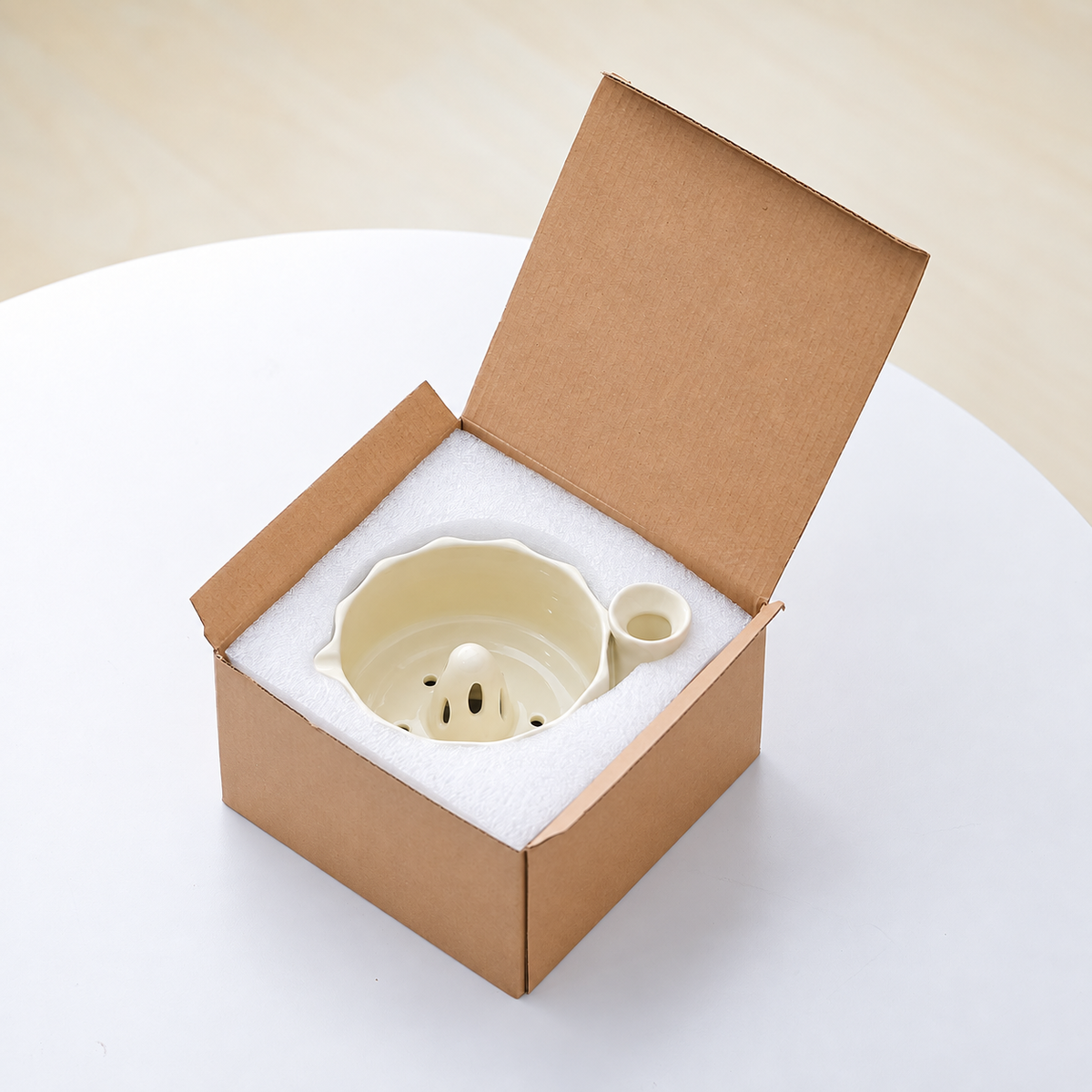 Cream fruit washing bowl in the actual plain kraft box and fitted protective foam
