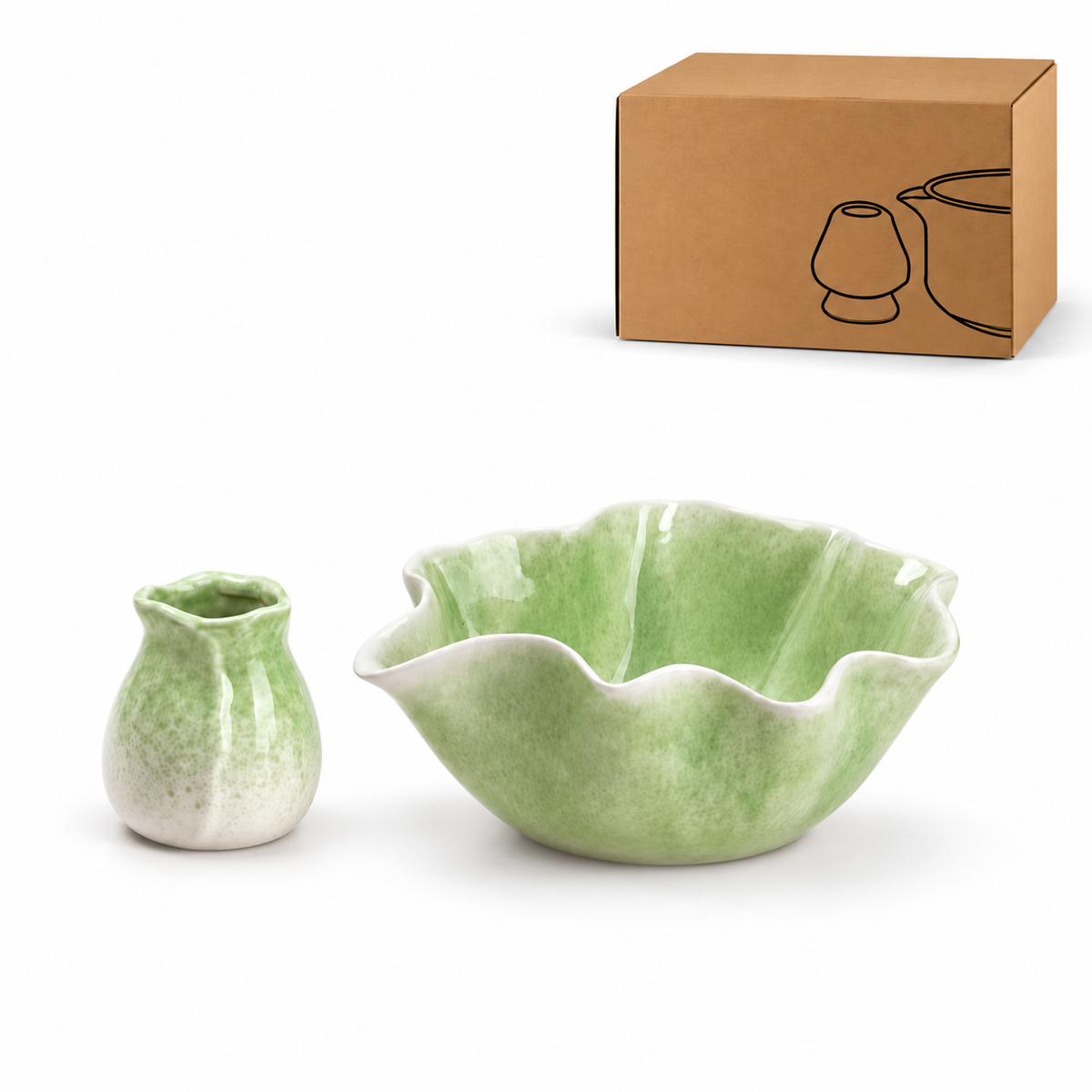 Petal rim ceramic matcha green / bowl and holder with kraft packaging