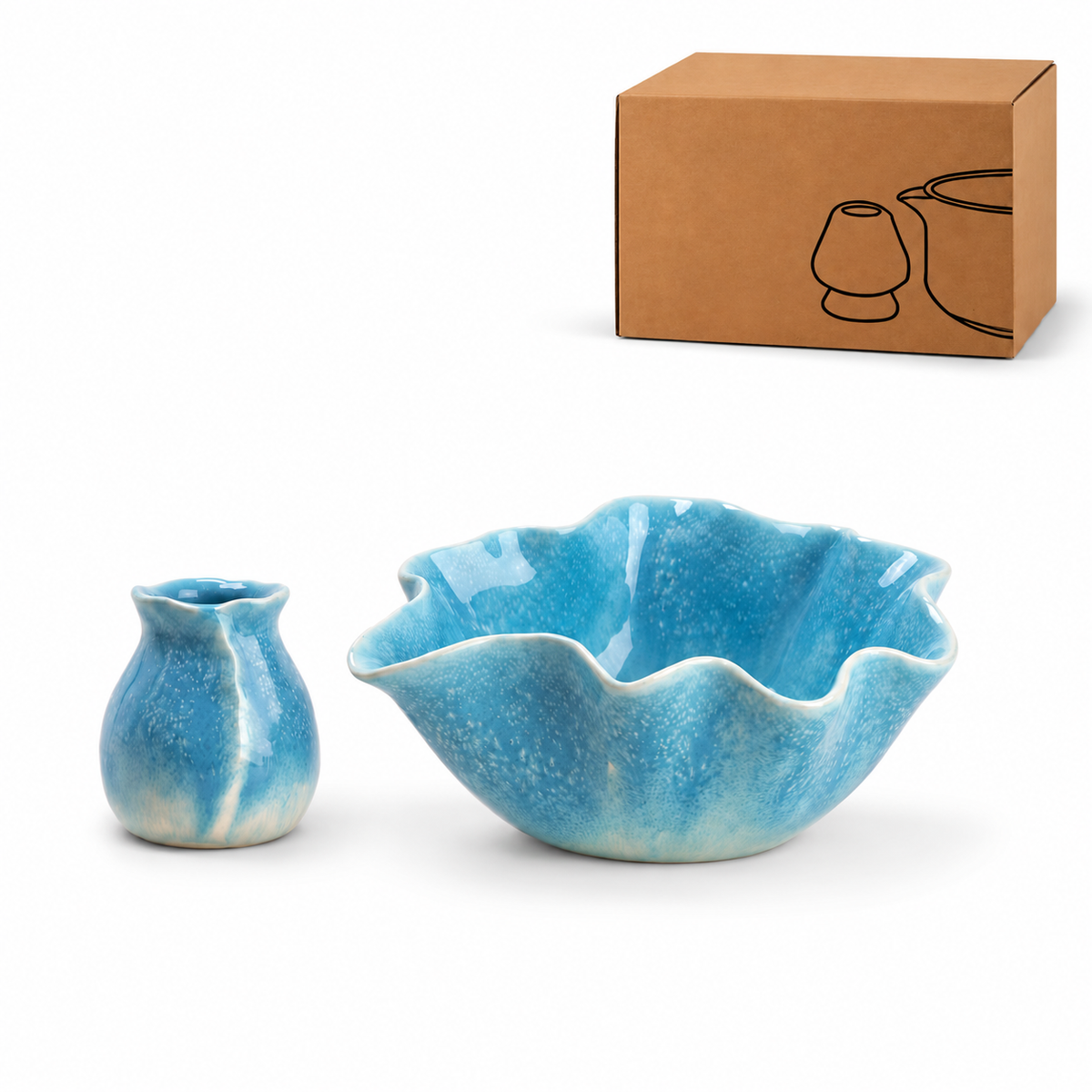 Petal rim ceramic matcha blue / bowl and holder with kraft packaging