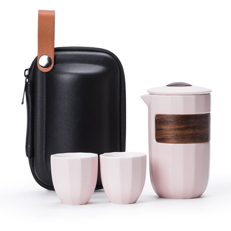 Pale Pink 2 Cups ceramic travel tea set with a black carry case