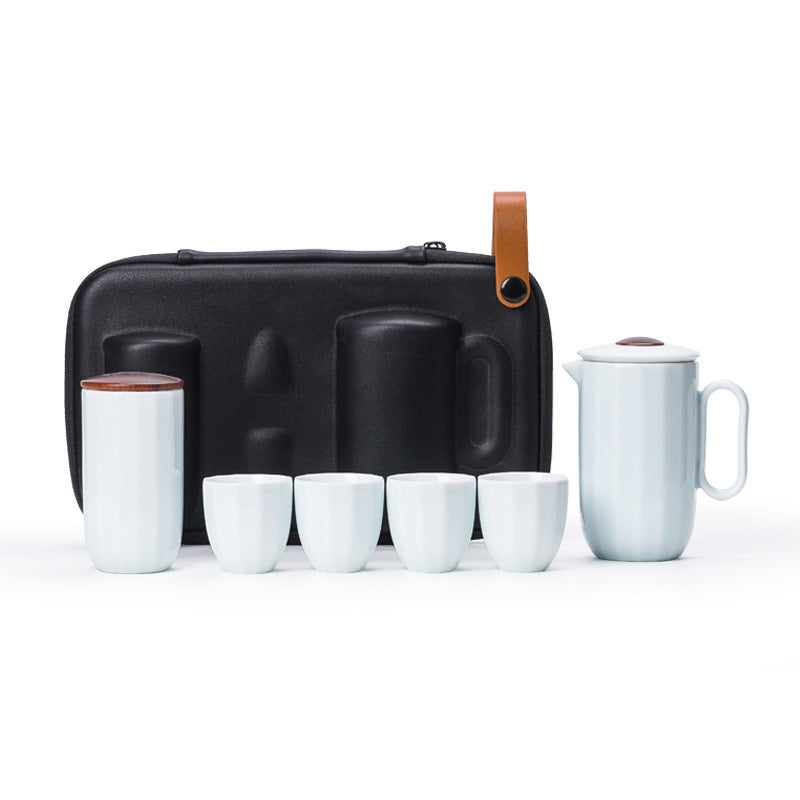 Pale Celadon 4 Cups + Tea Caddy ceramic travel tea set with a black carry case