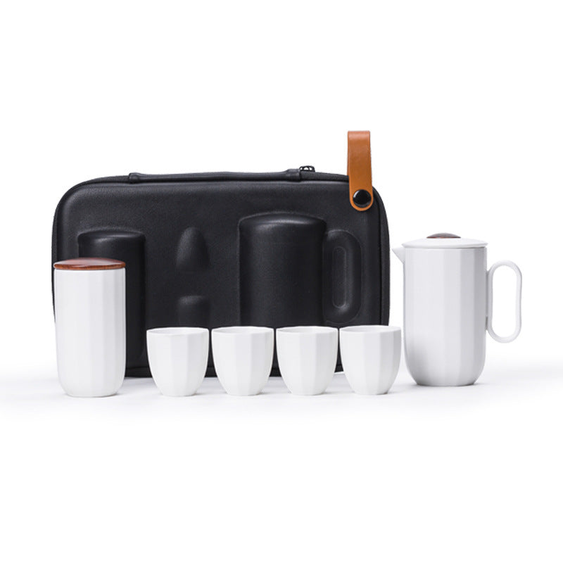 White 4 Cups + Tea Caddy ceramic travel tea set with a black carry case
