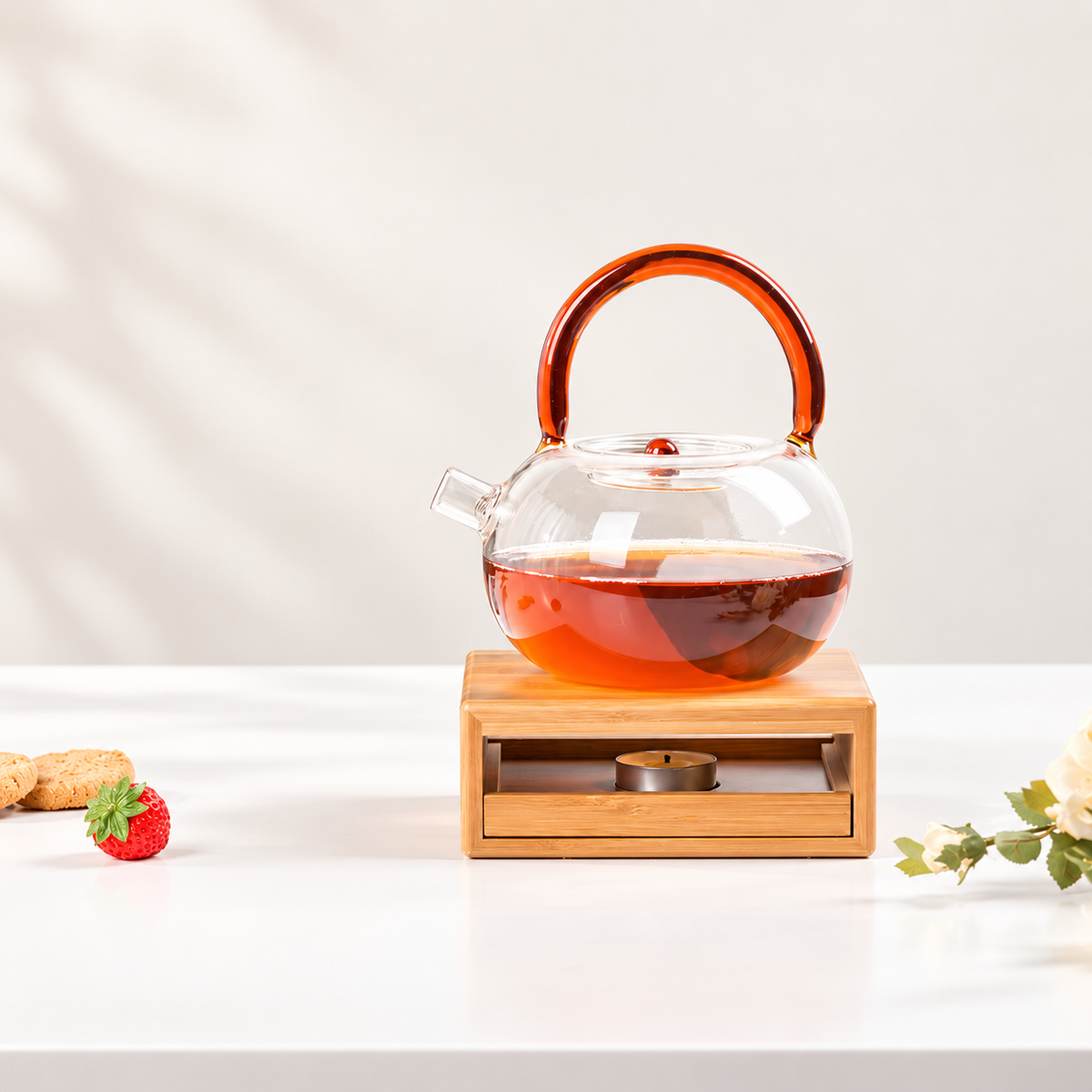 Natural bamboo tea light warmer supporting a glass teapot on a white table