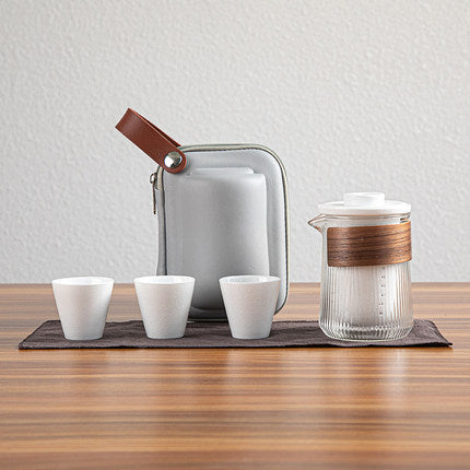 Glass Pitcher / White Cups travel tea set with three cups and a carry case