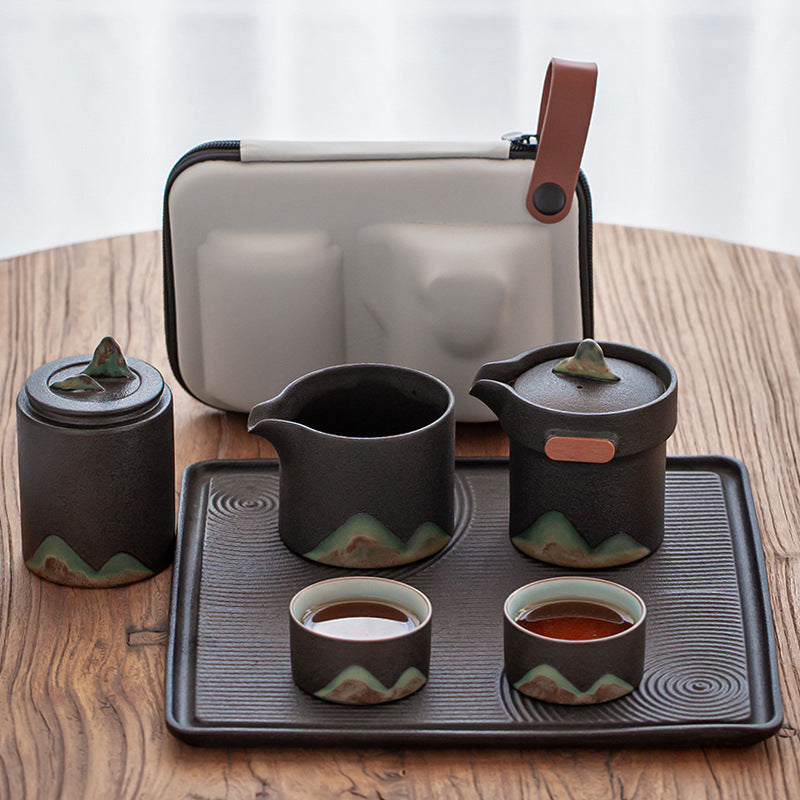 Black ceramic travel tea set with Pot, Pitcher, 2 Cups and Canister with carrying case