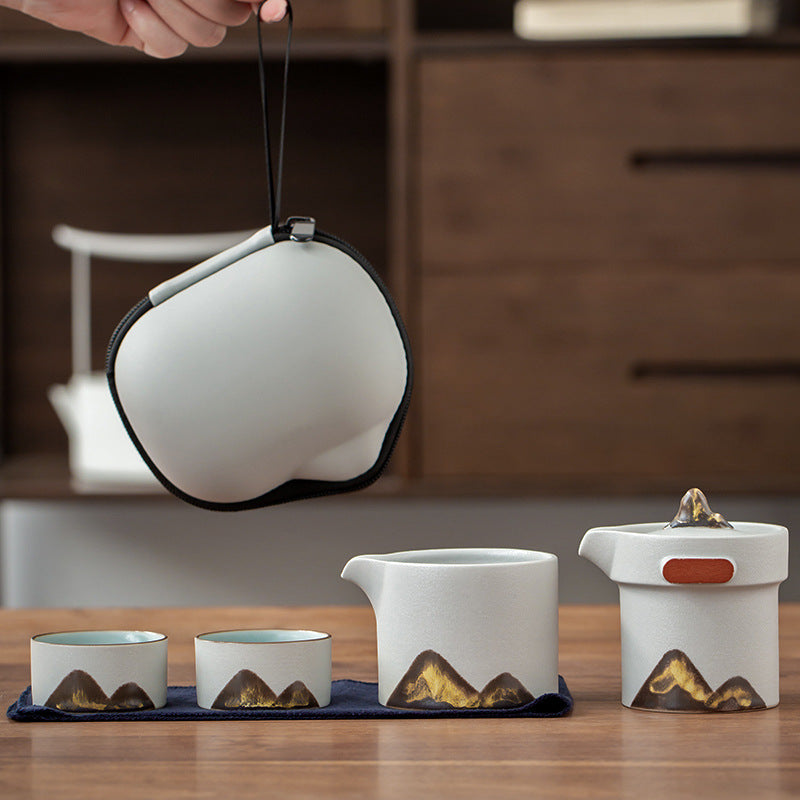 White ceramic travel tea set with Pot, Pitcher and 2 Cups with carrying case