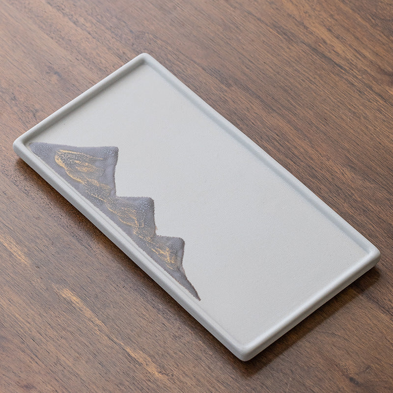 White rectangular ceramic tea tray with mountain decoration