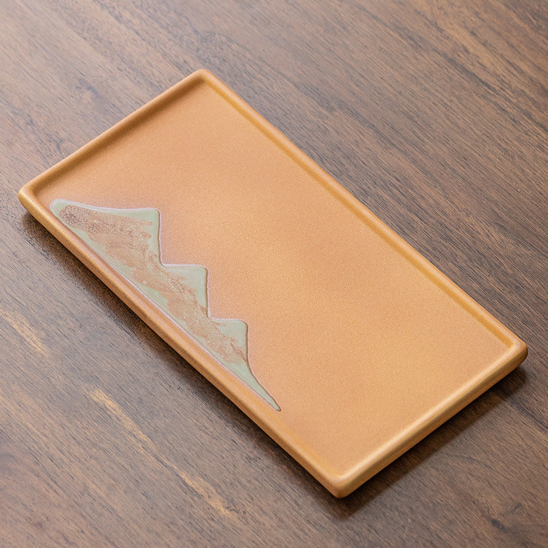 Ochre rectangular ceramic tea tray with mountain decoration