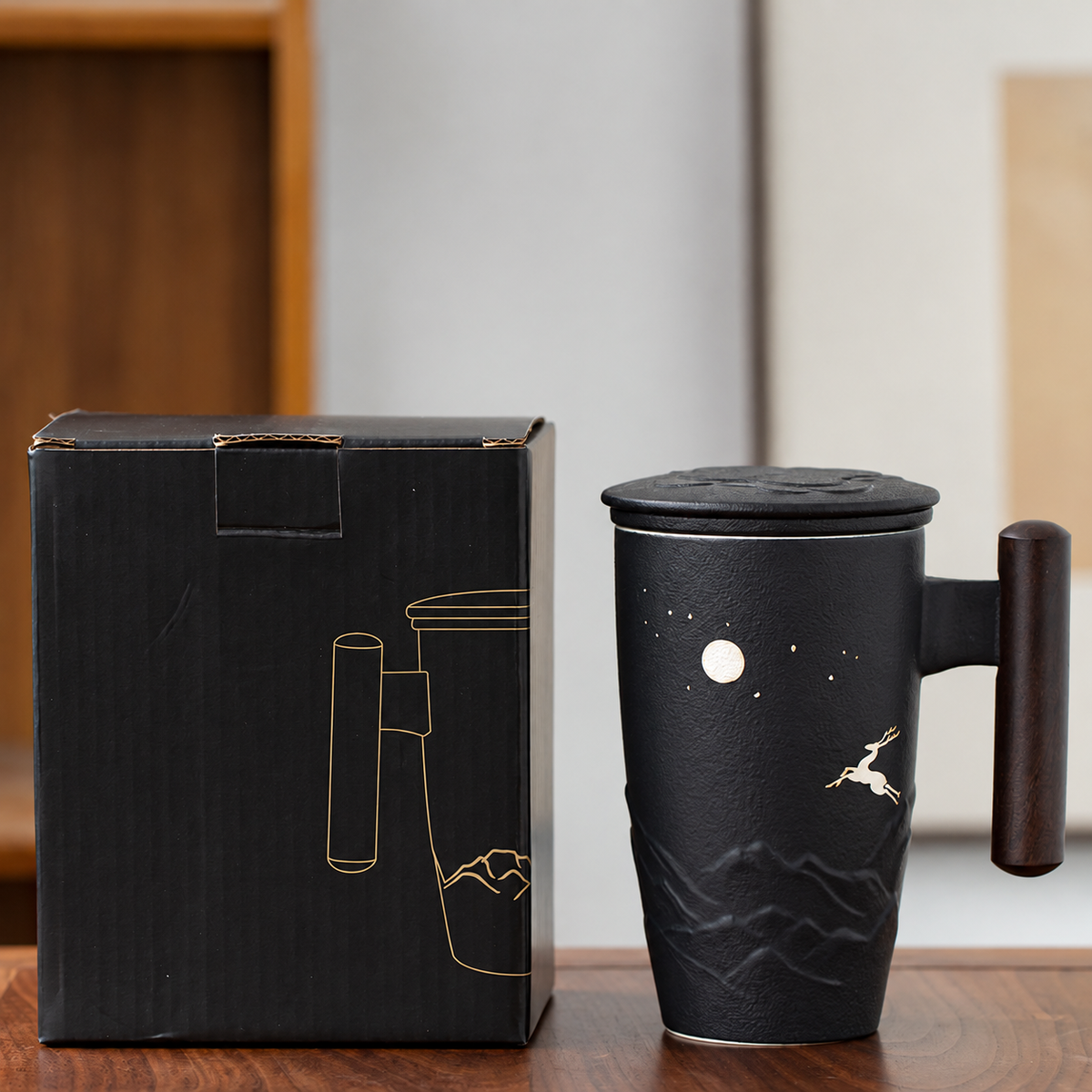 Tall black deer and moon ceramic tea mug with wooden handle, lid and ordinary retail box