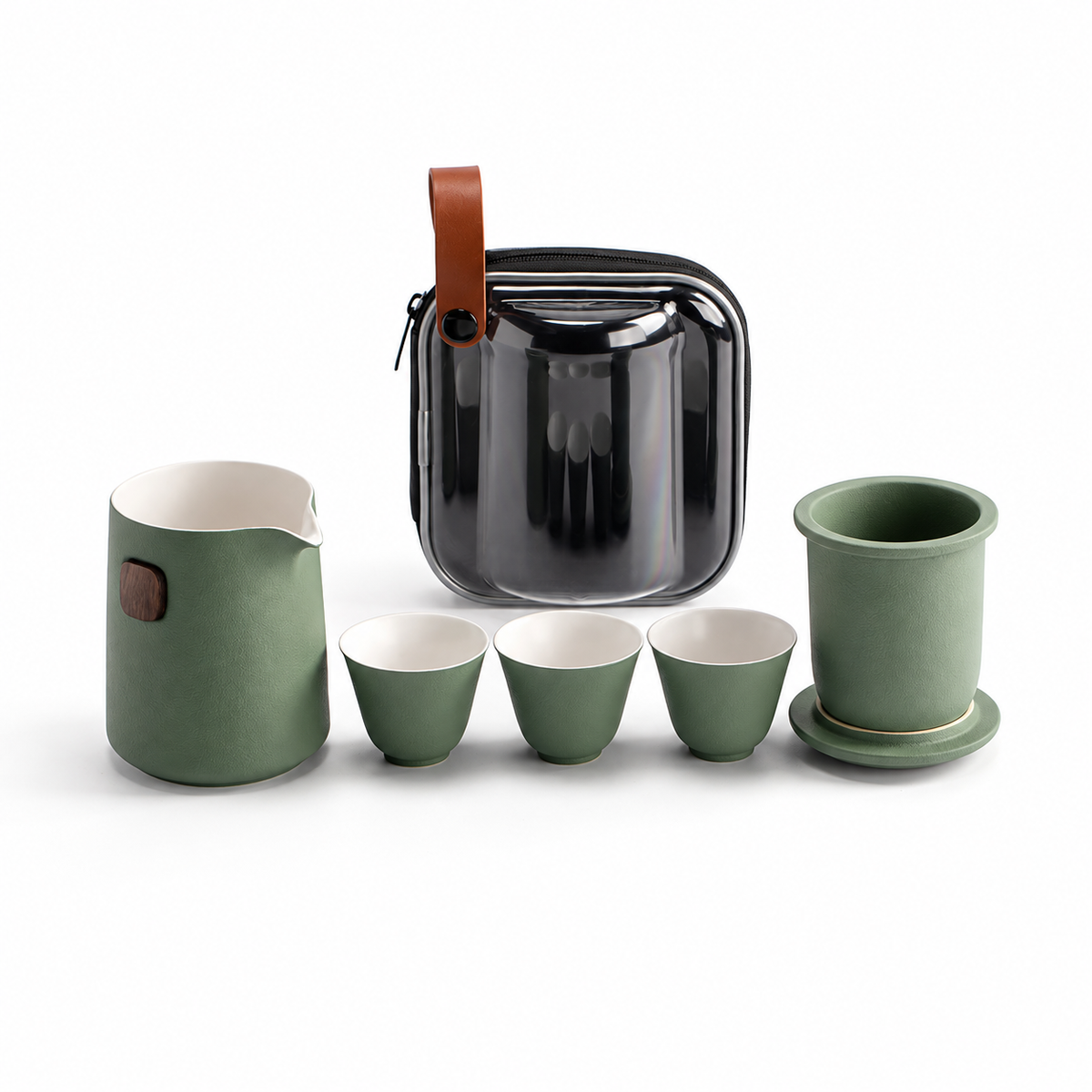 Sage Green ceramic travel tea set with server, infuser, lid, three cups and clear case