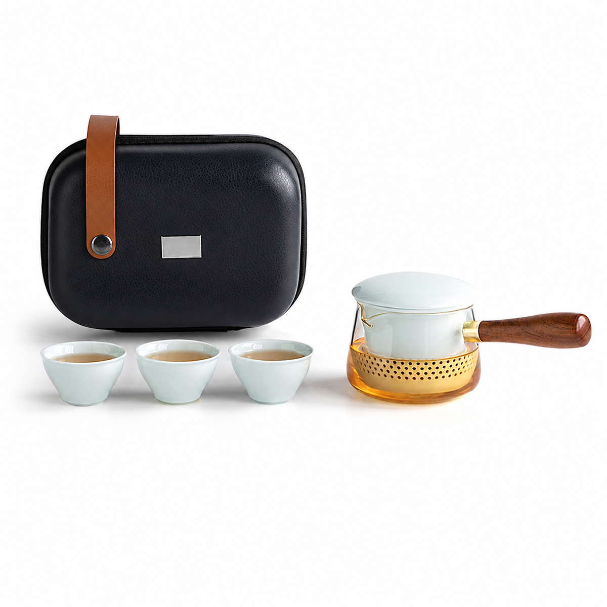 Celadon ceramic Base Set glass travel tea set with three cups and carrying case