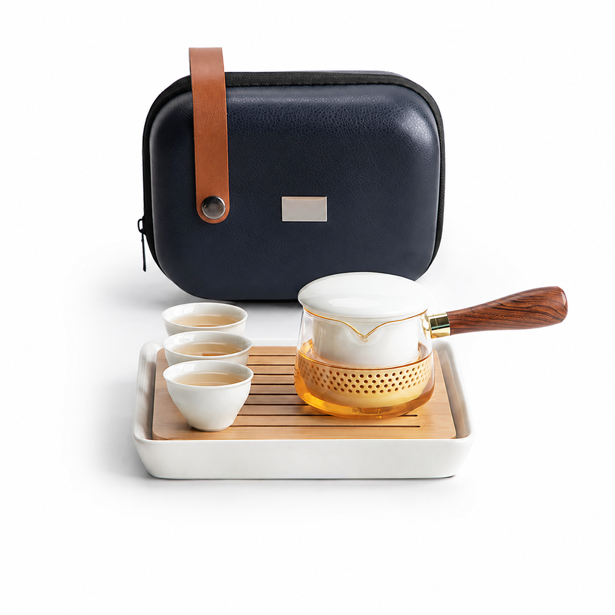 White ceramic With Tray glass travel tea set with three cups and carrying case