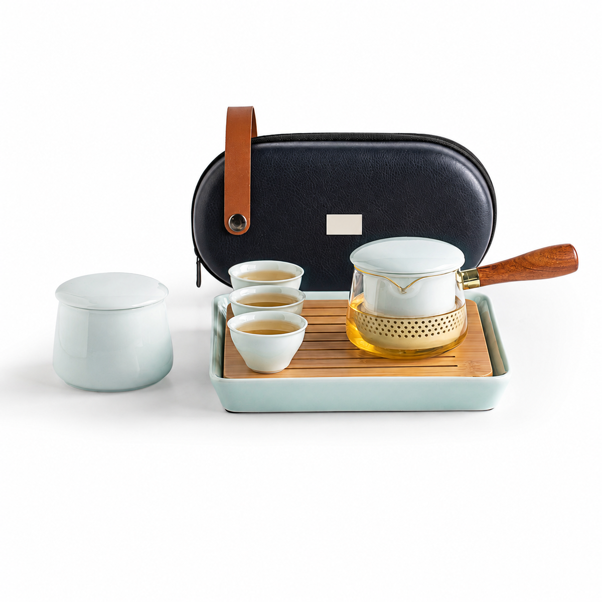 Celadon ceramic With Jar and Tray glass travel tea set with three cups and carrying case