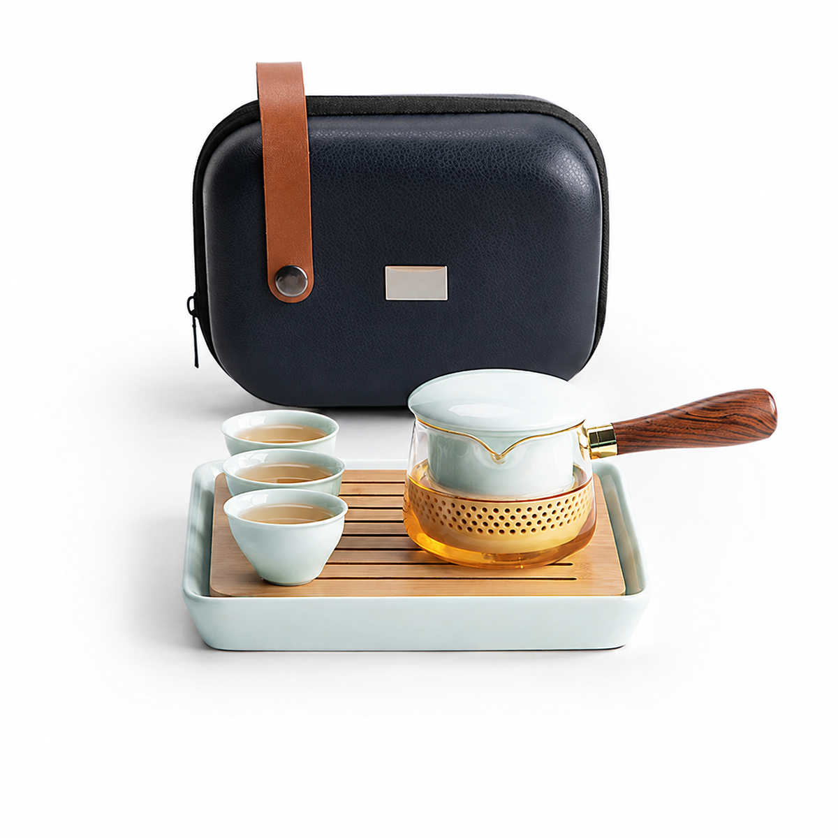 Celadon ceramic With Tray glass travel tea set with three cups and carrying case