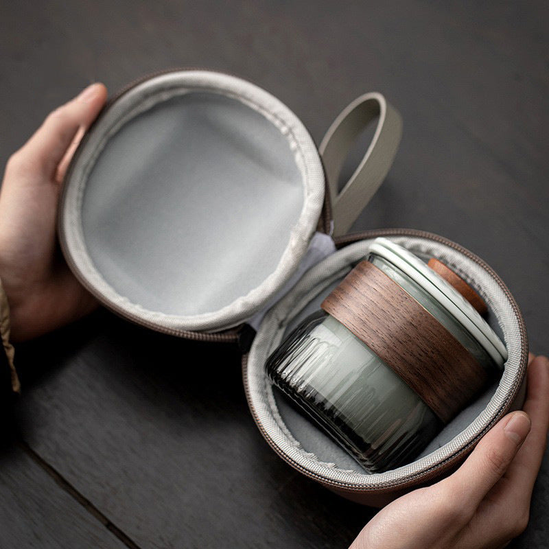 Glass travel tea set packed inside its round zippered carry case