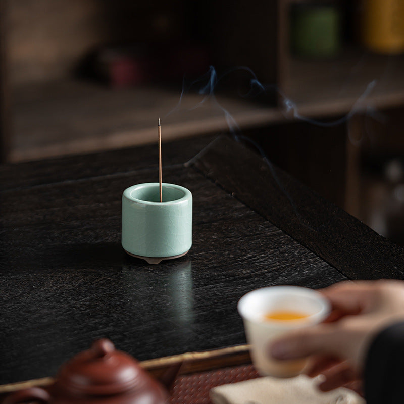 Celadon crackle glaze ceramic incense holder on tea table