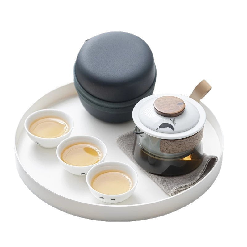 Panda / Wood Band / Zip Case travel tea set with three cups, ceramic infuser, cloth and carrying case