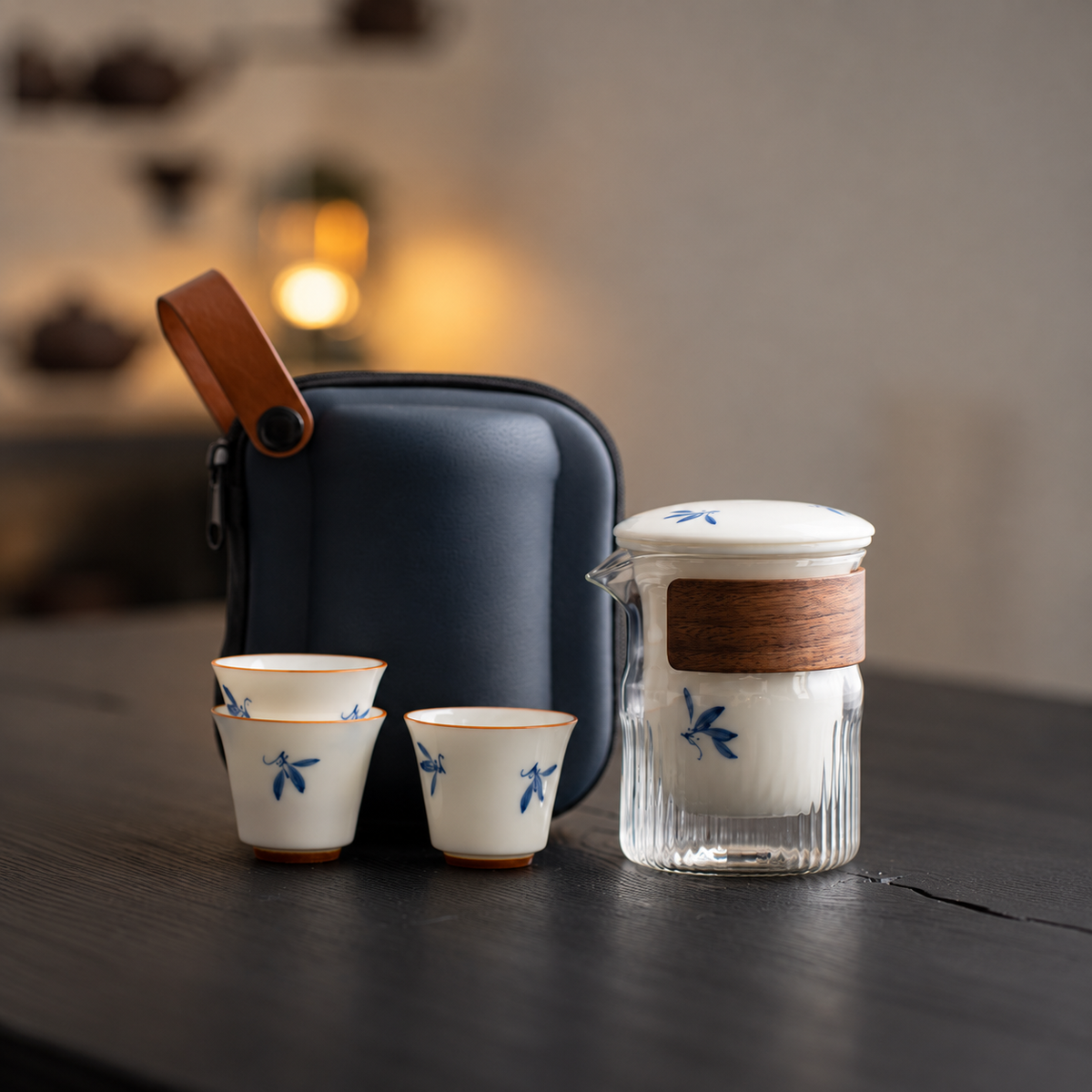 Blue Floral / Clear Glass / Three Cups travel tea set with its included pieces and actual carrying packaging