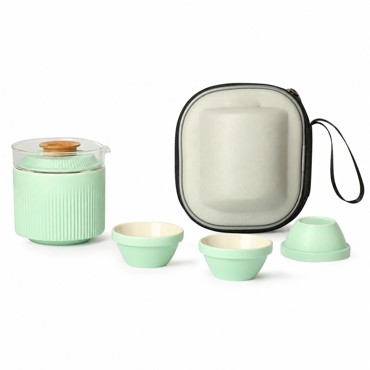 Green ribbed ceramic travel tea set with three cups