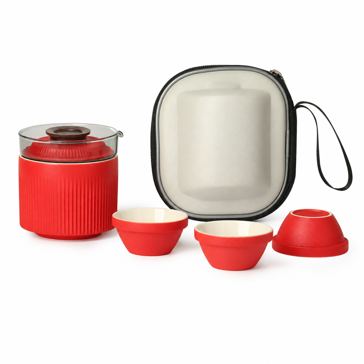 Red ribbed ceramic travel tea set with three cups