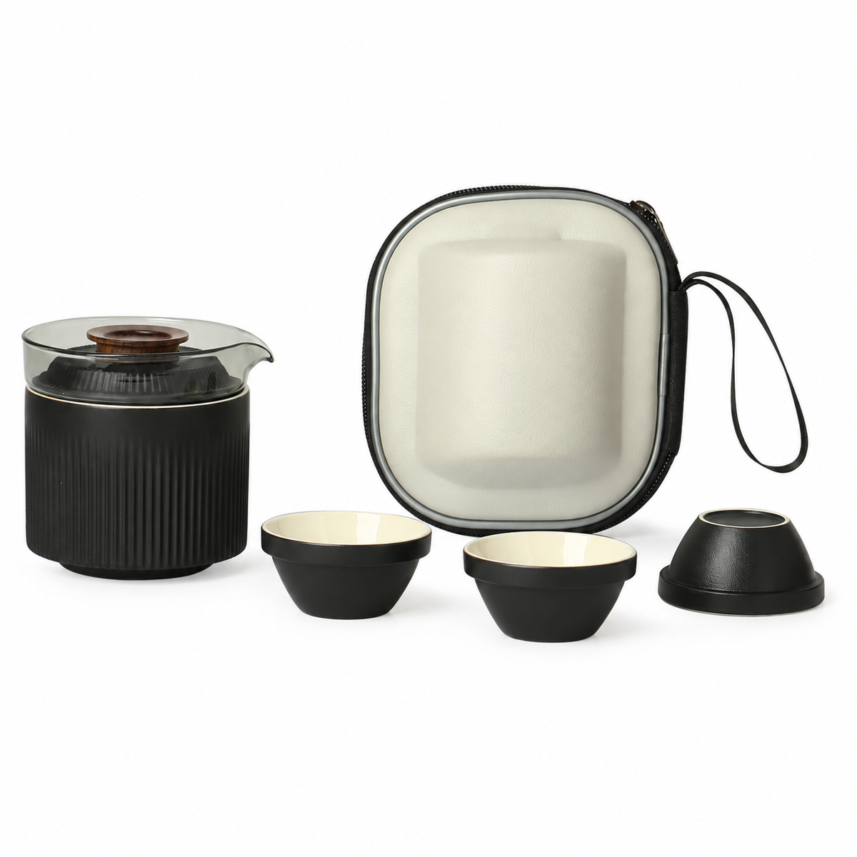 Black ribbed ceramic travel tea set with three cups