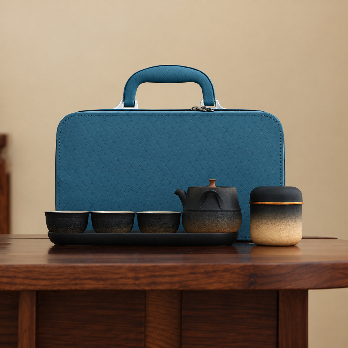 Amber-gradient ceramic travel tea set with three cups, tray, jar and teal carrying case