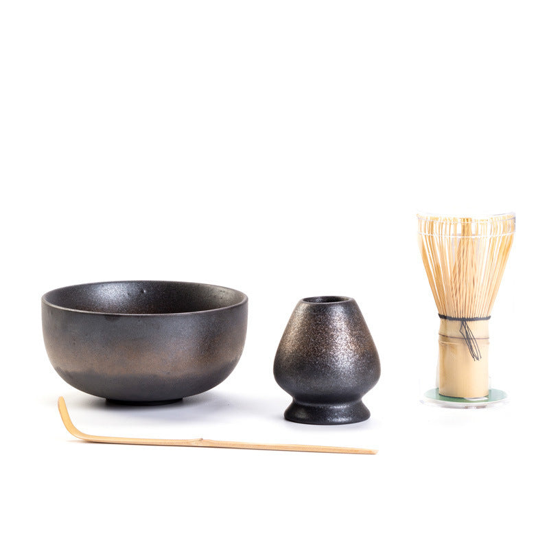 Charcoal ceramic matcha bowl and whisk holder with bamboo whisk and scoop