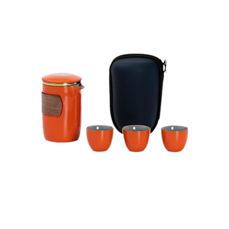 Wood grip ceramic travel cup: Orange / Brewer and 3 Cups
