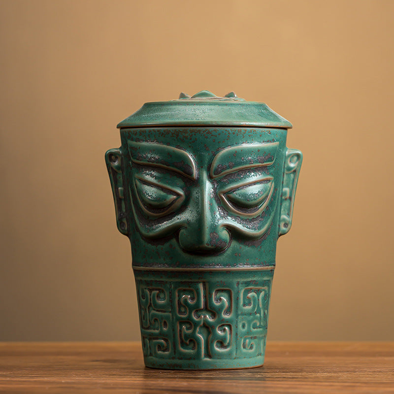 Green bronze-style mask ceramic tea cup with lid
